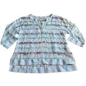 Soft surroundings womens Sz M light teal blue striped embroidered embellish burn